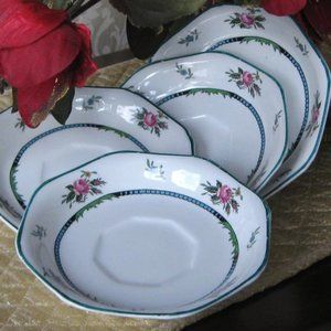 WOODS & SONS 19th Century 4 Plates Saucers Roses MADE IN ENGLAND Porcelain Wood